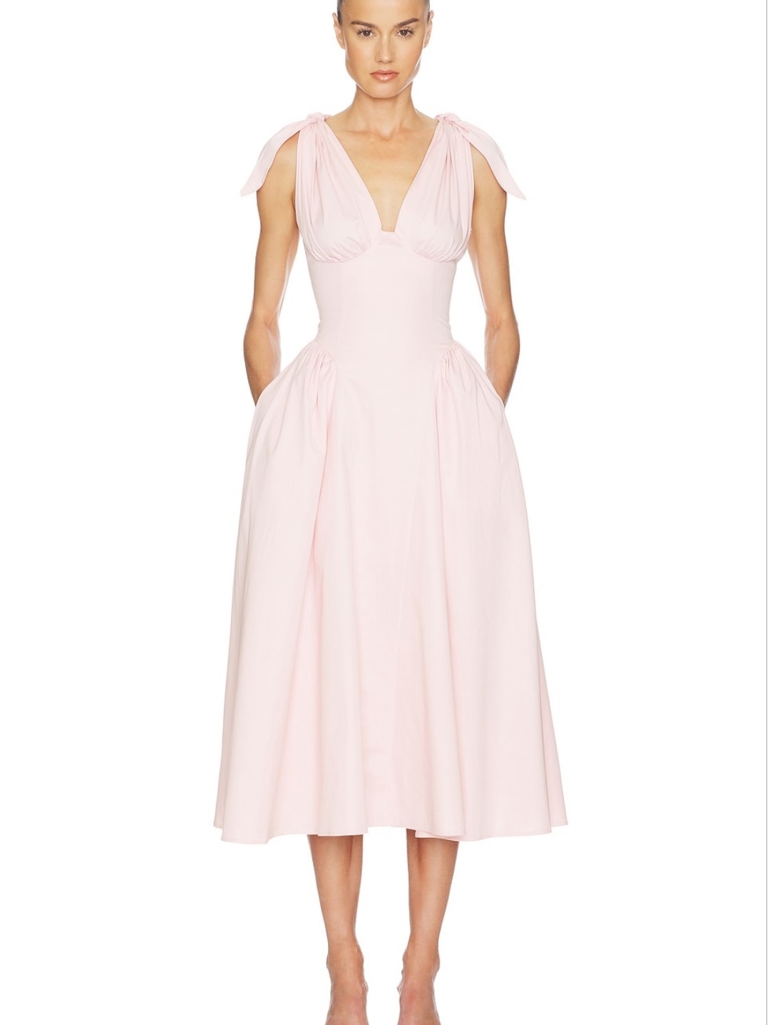 Helsa Fairweather Midi Dress In Stretch Cotton Sateen In Tea Rose